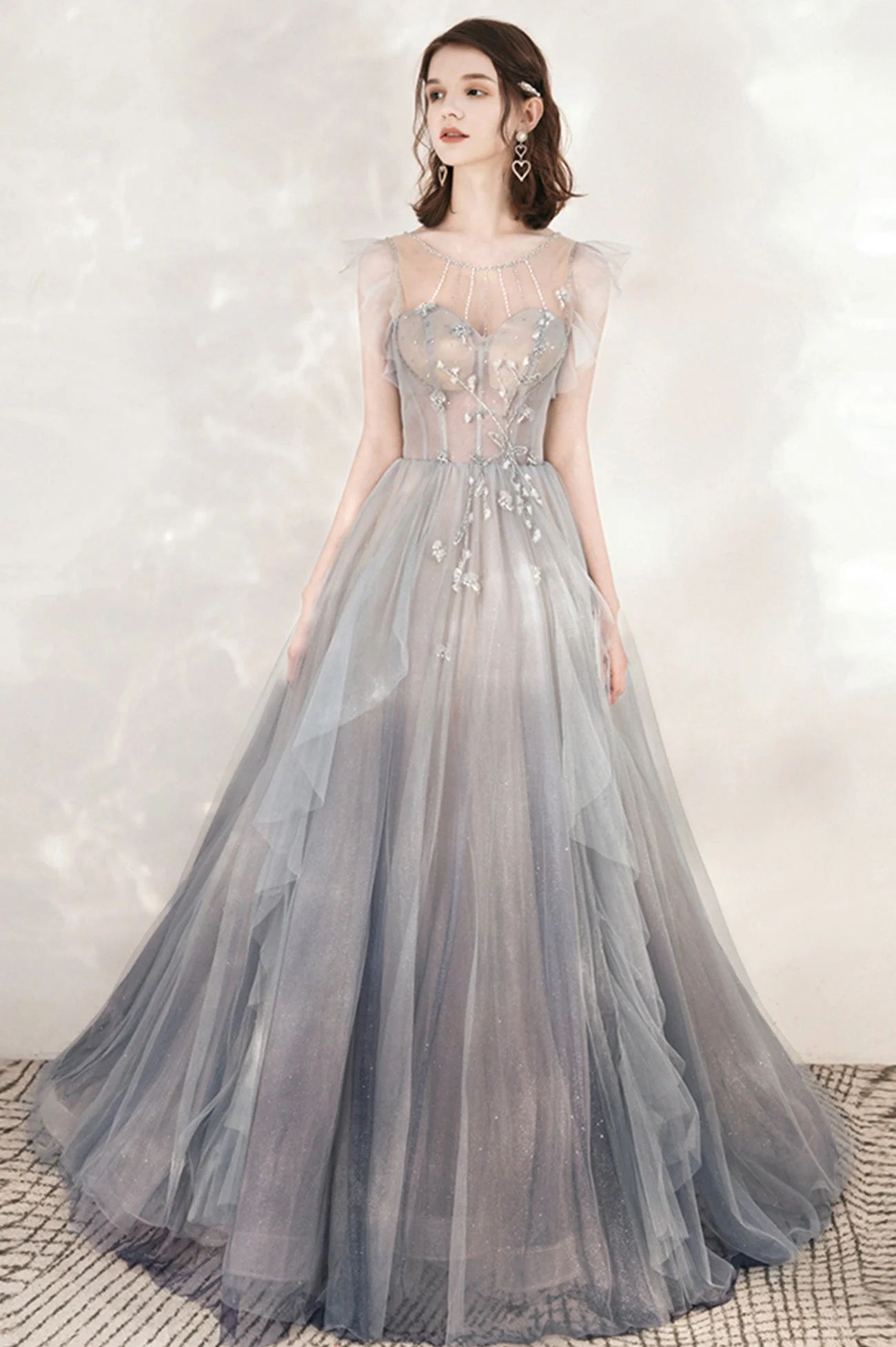 solvbao Gray Tulle Beading Long Prom Dresses, A-Line Scoop Neckline Evening Dresses - Deanwangkt
