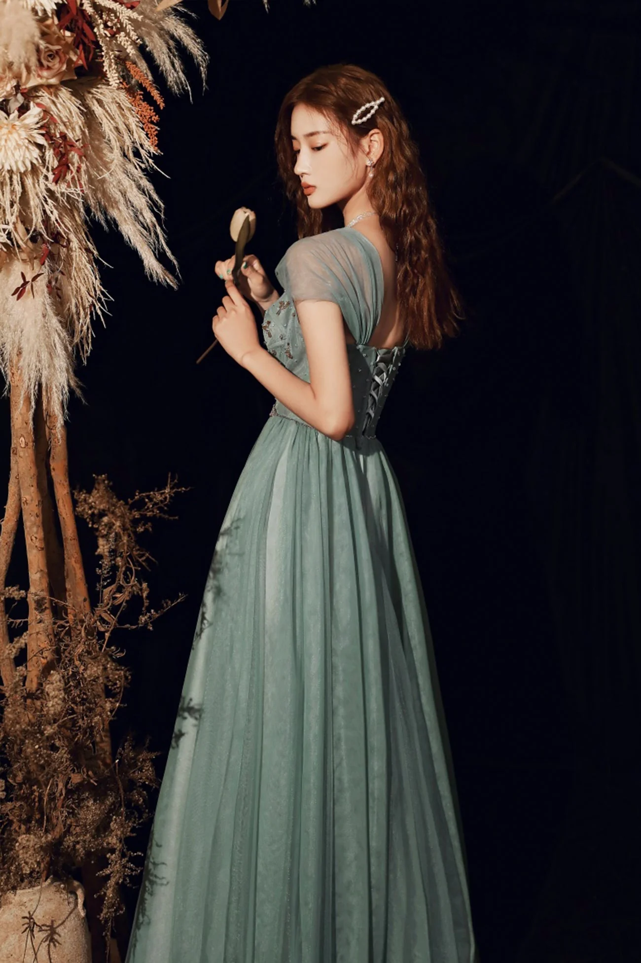 solvbao Beautiful Tulle Beaded Long Prom Dress,  A-Line Evening Dress - Deanwangkt