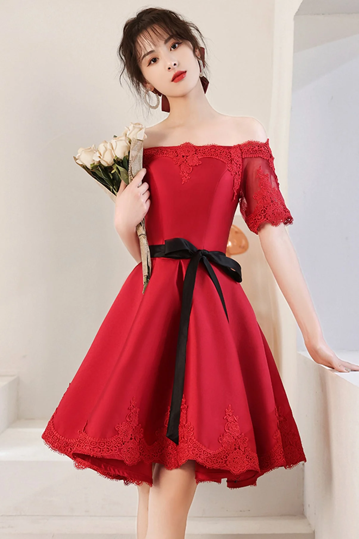 solvbao Red Satin Lace Short Prom Dresses, A-Line Evening Party Dresses - Deanwangkt