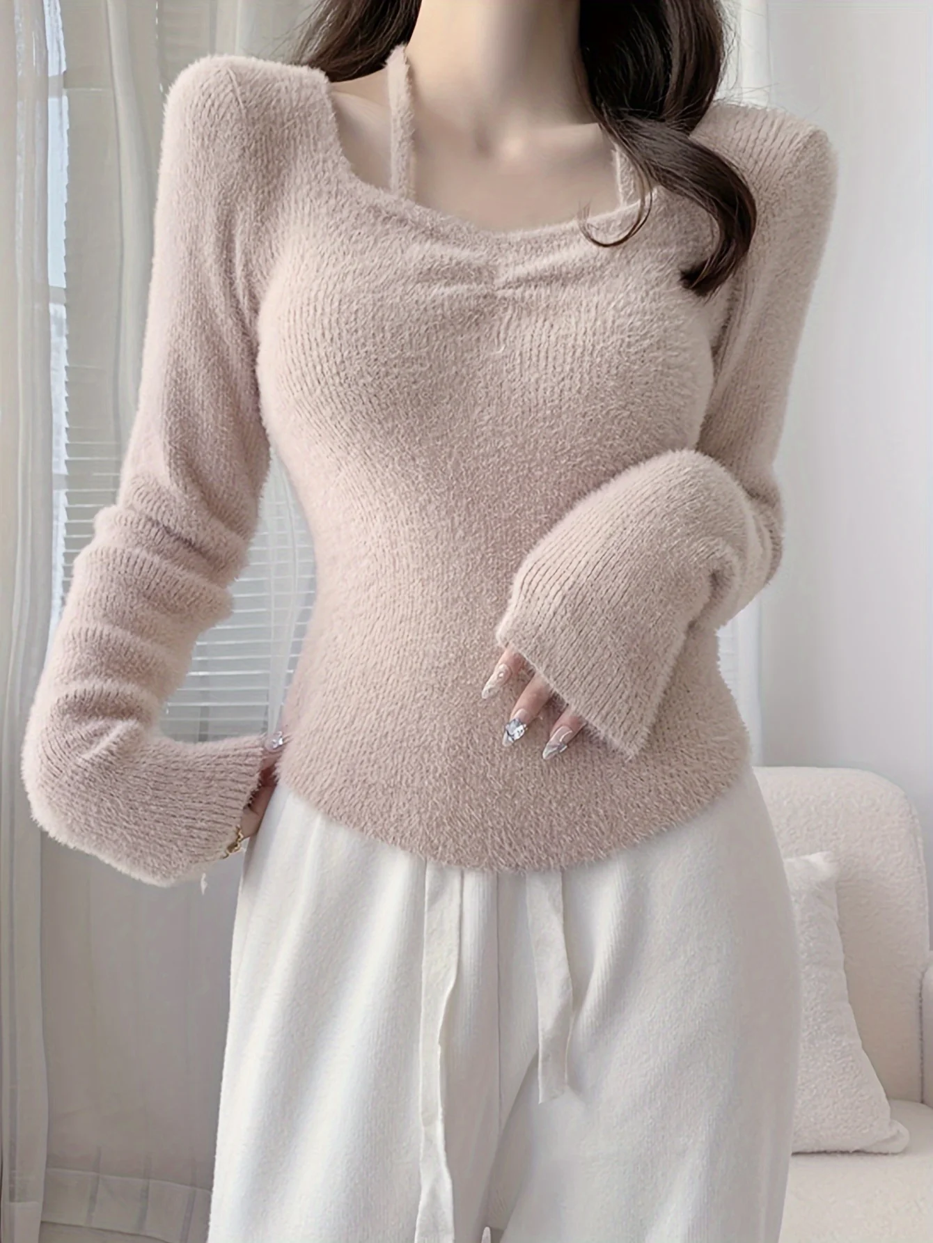 deanwangkt  Solid Slim Halter Pullover Sweater, Casual Long Sleeve Cozy Sweater For Spring & Fall, Women's Clothing - Deanwangkt