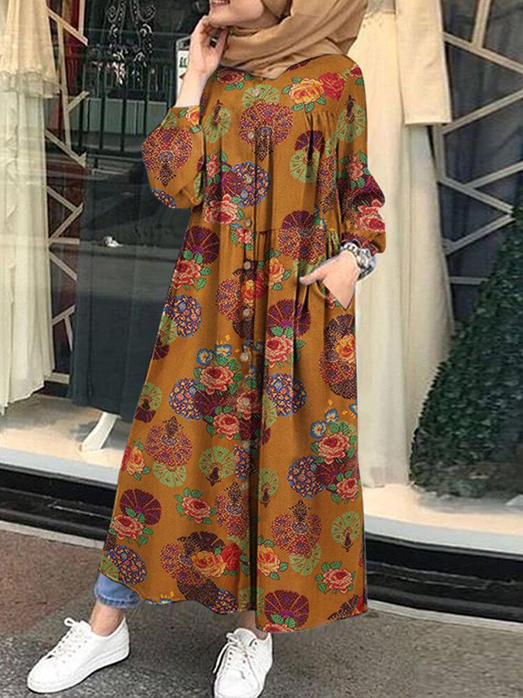 deanwangkt Women Retro Floral Print O-neck Button Robe Shirt Maxi Dress With Pocket - Deanwangkt