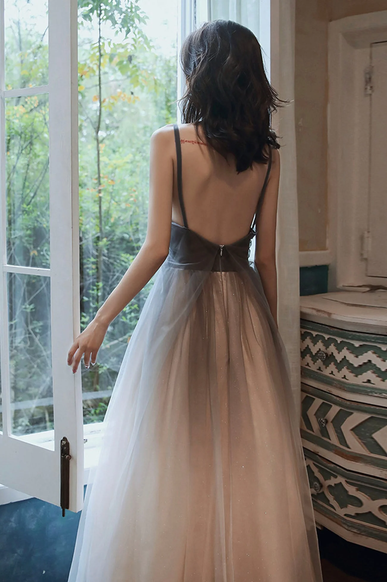 solvbao Gray Tulle Long Prom Dress, A-Line Backless Evening Dress - Deanwangkt