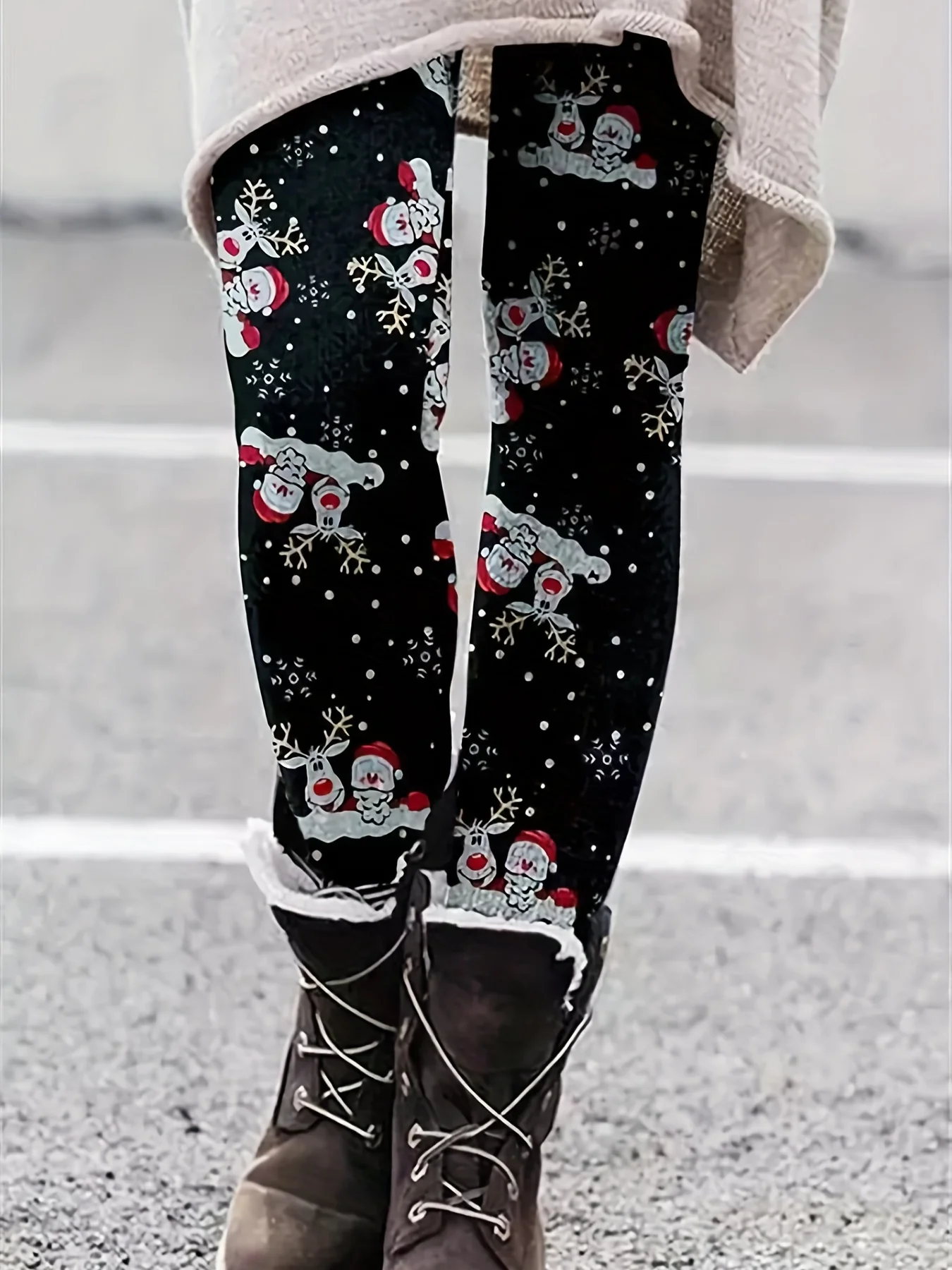 Plus Size Christmas Pants, Women's Plus Allover Print High Rise Medium Stretch Skinny Trousers - Deanwangkt