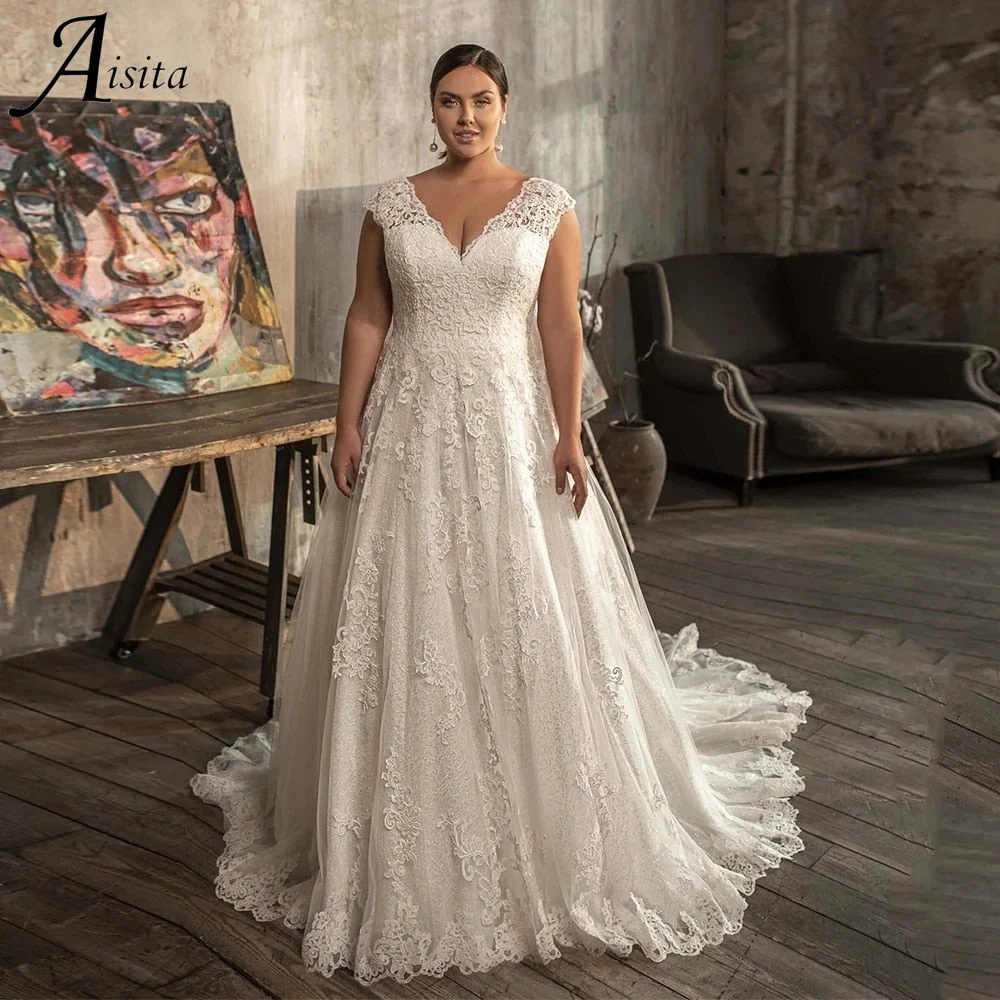 Graduation dress Plus Size Modest A-line Wedding Dresses  Lace Appliques Bride Dresses V Neck Lace-up Corset Back Bridal Gown robe de mariée - Deanwangkt