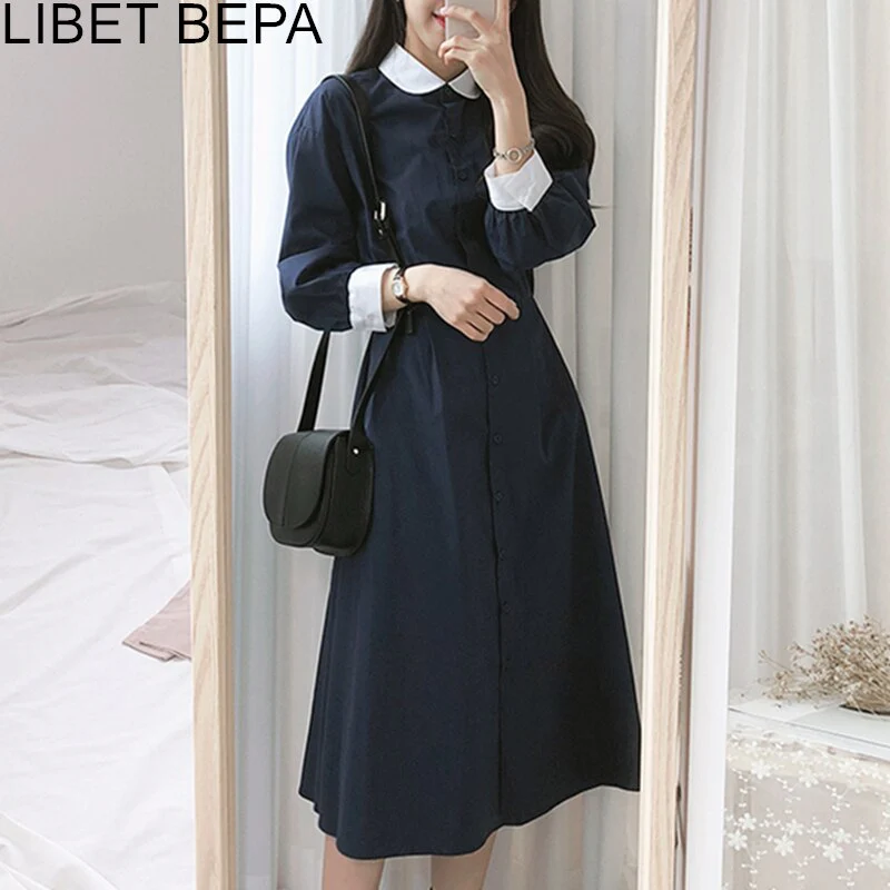 Joskka  New Spring Summer Women Dresses Fashionable Peter Pan Collar Single Breasted Vintage High Waist Casual Long Dress - Deanwangkt