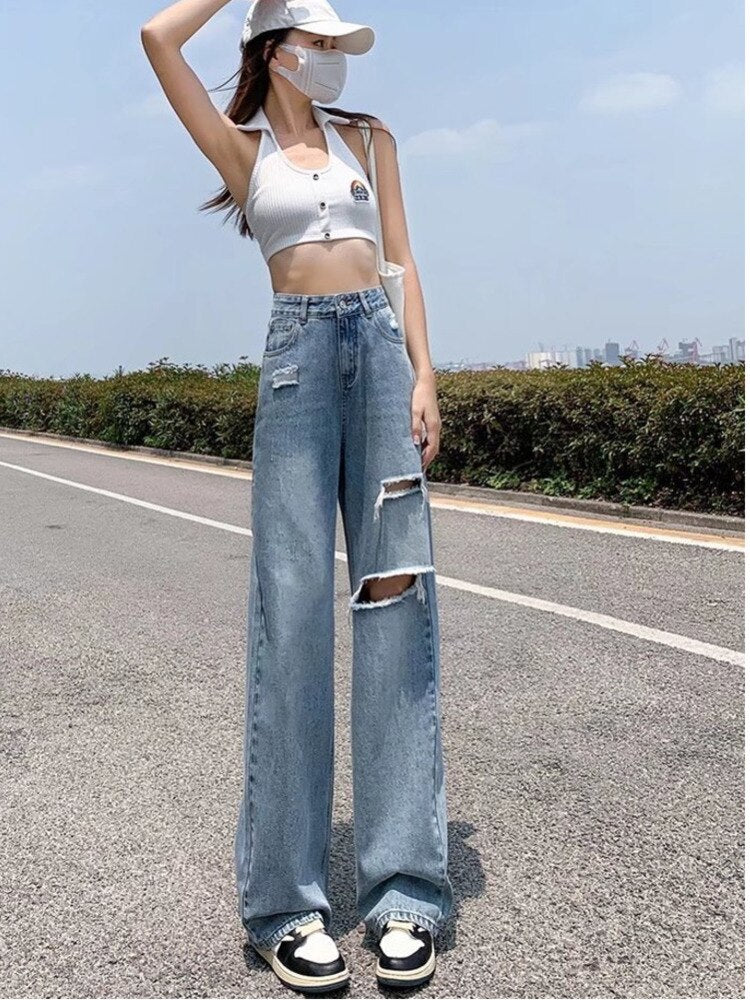 deanwangkt Ripped Jeans Women's Summer Thin Section  New Straight Loose High Waist Thin Wide Leg Pants - Deanwangkt
