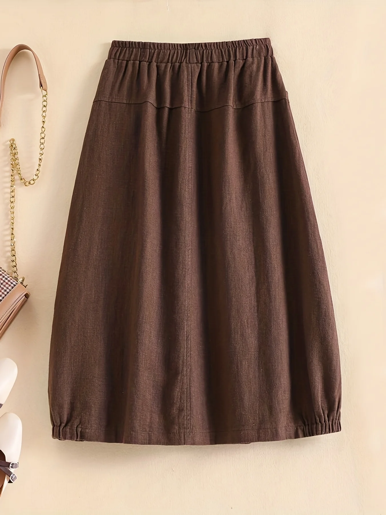 Solid Elastic Waist Button Cotton Skirt, Vintage Pocket Midi Skirt For Spring & Fall, Women's Clothing - Deanwangkt