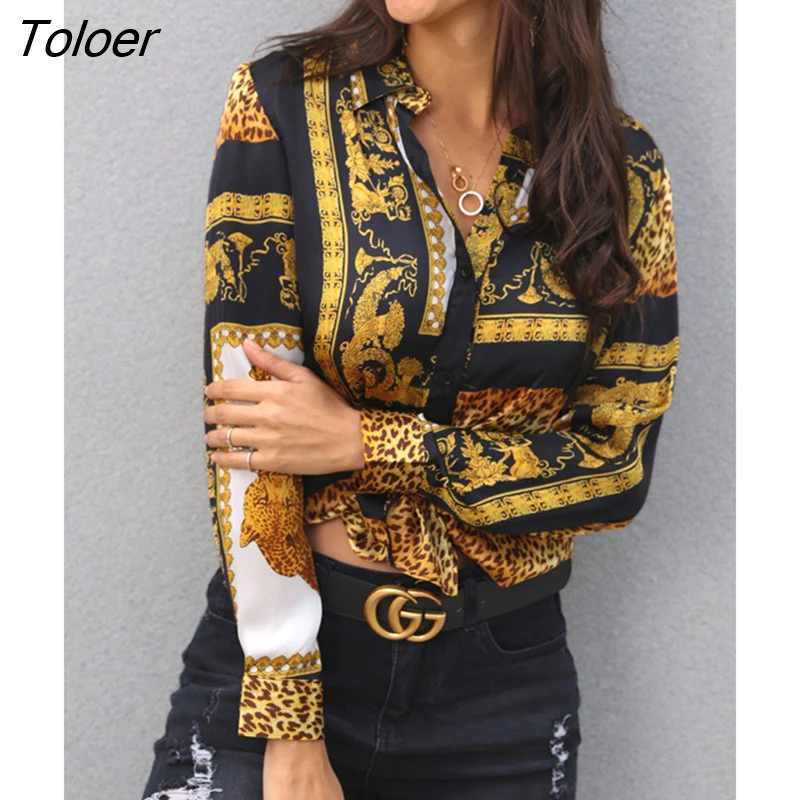 deanwangkt Spring Women Elegant Party Loose Button Shirt Turn-down Collar Female Leopard Print Knot Front Long Sleeve Blouse - Deanwangkt