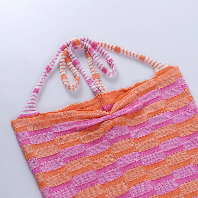 deanwangkt  Summer Women Crop Top Halter Neck Bandage Backless Off Shoulder Sleeveless Patchwork Beach Knit Sexy Tank Top - Deanwangkt