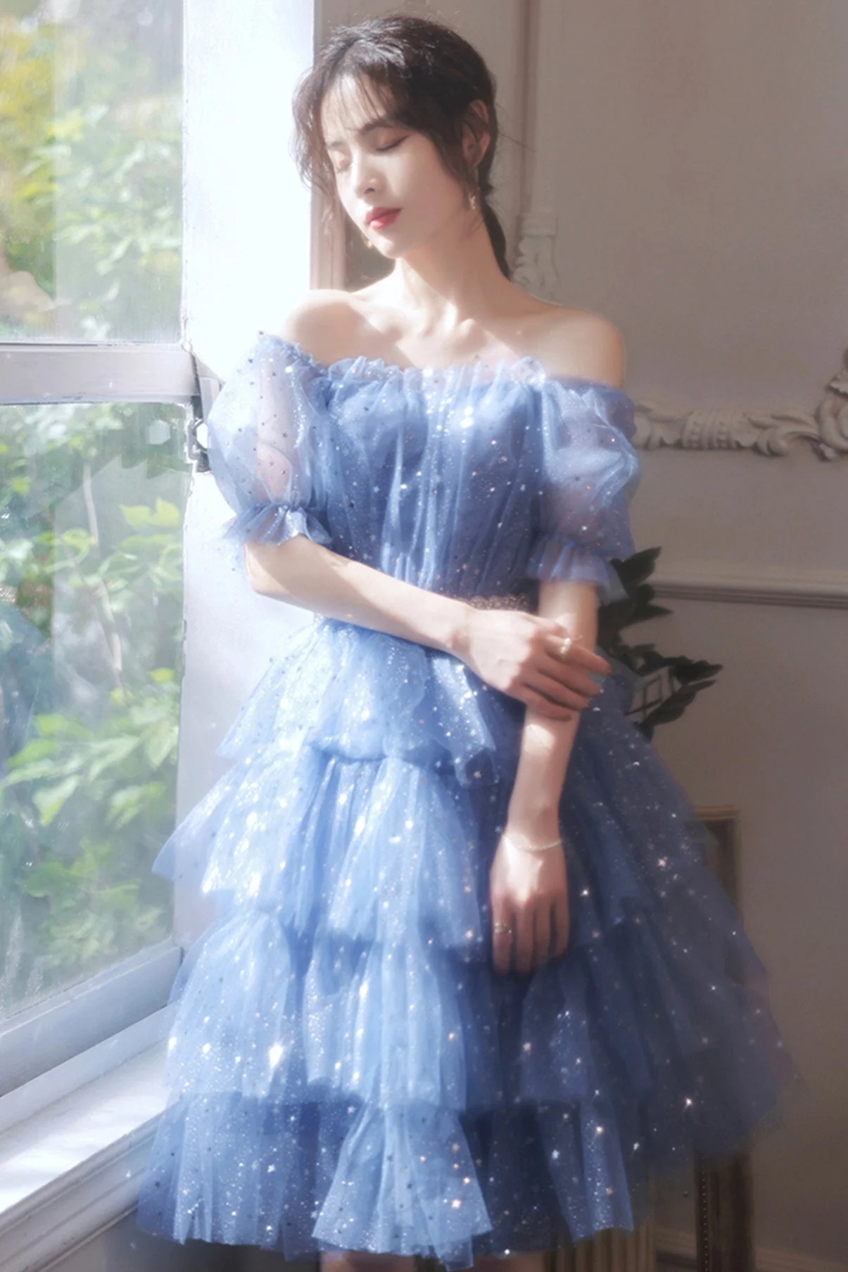 solvbao Blue Tulle Short A-Line Prom Dresses, Blue Mini Party Dresses - Deanwangkt