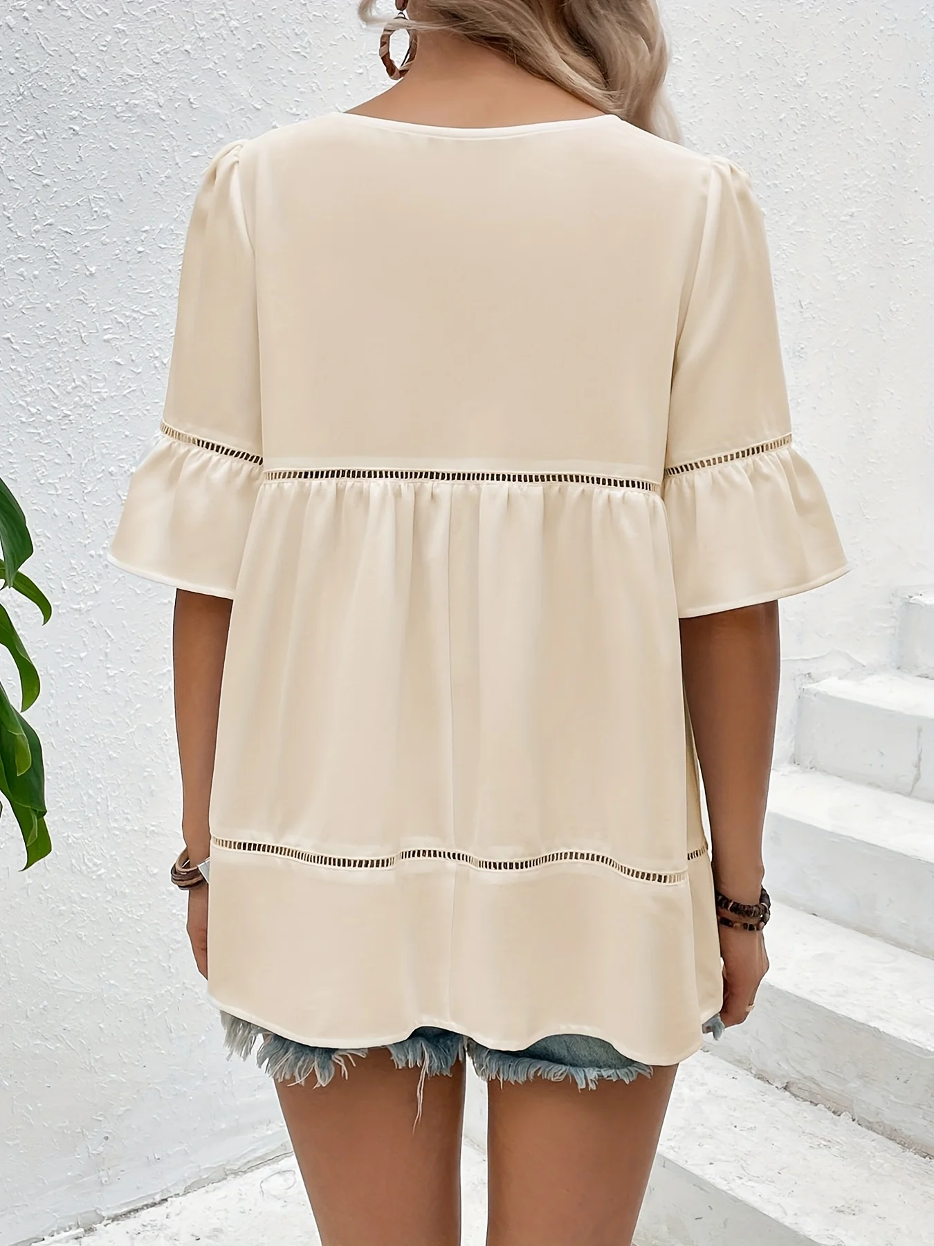 Solid Ruffle Trim Blouse, Vacation Cut Out Crew Neck Summer Blouse, Women's Clothing - Deanwangkt