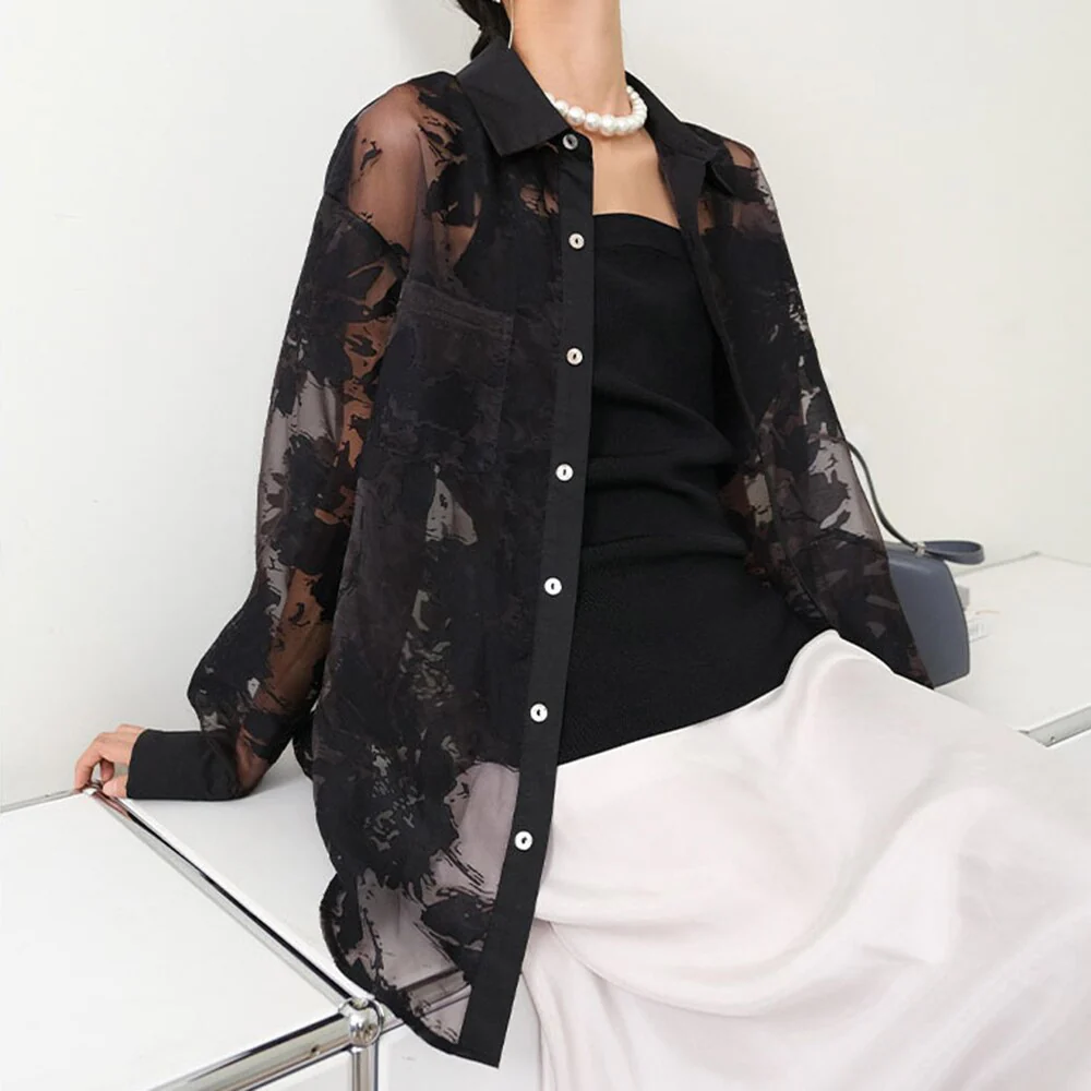 deanwangkt Summer Patchwork Sheer Mesh Shirt For Women Lapel Long Sleeve Solid Blouses Female Fashion Clothing Style New - Deanwangkt