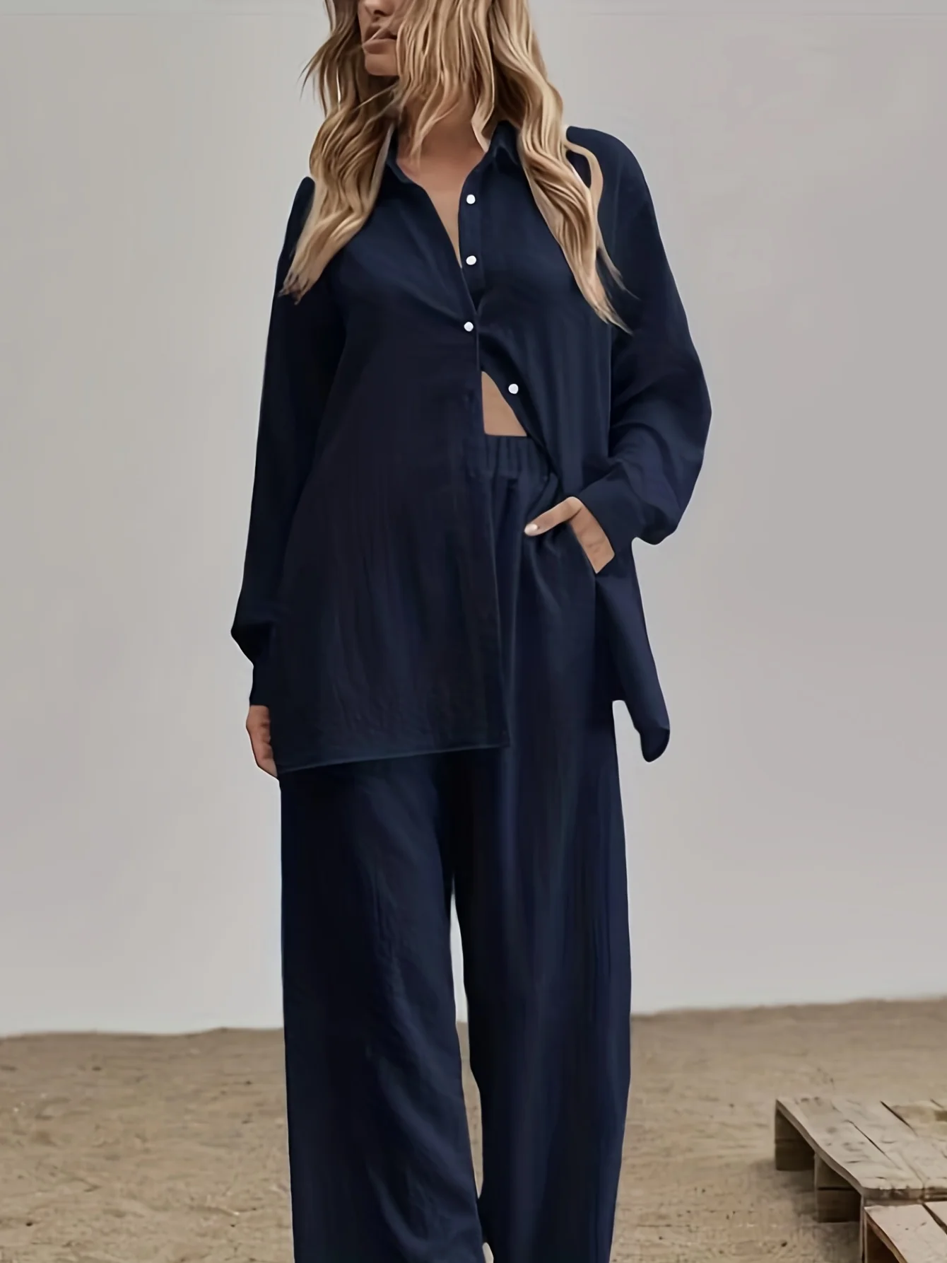 deanwangkt-1  Solid Casual Two-piece Set, Button Front Long Sleeve Shirt & Elastic Waist Pants Outfits, Women's Clothing - Deanwangkt