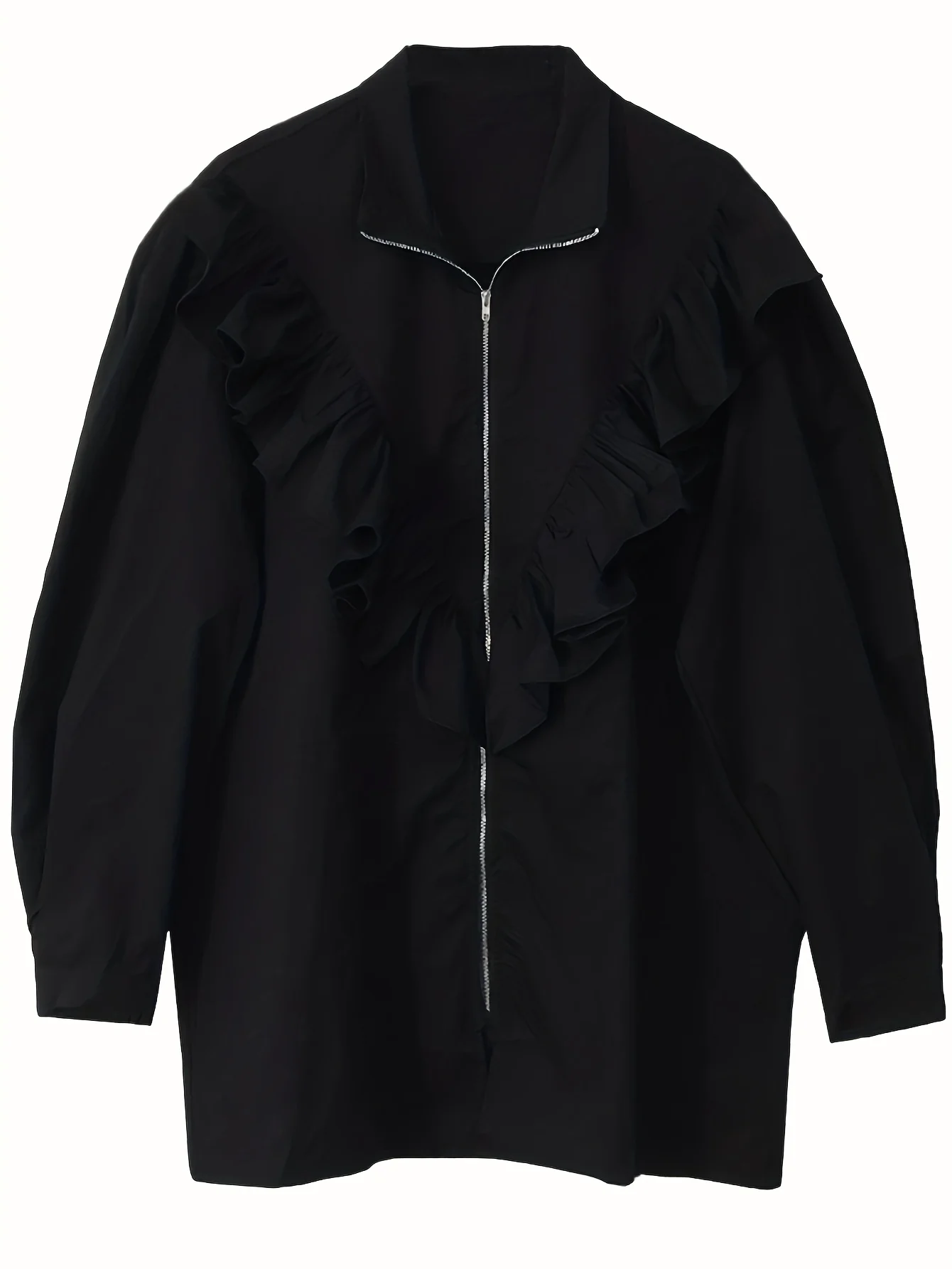 deanwangkt Ruffle Trim Solid Zipper Blouse, Casual Long Sleeve Versatile Blouse, Women's Clothing - Deanwangkt