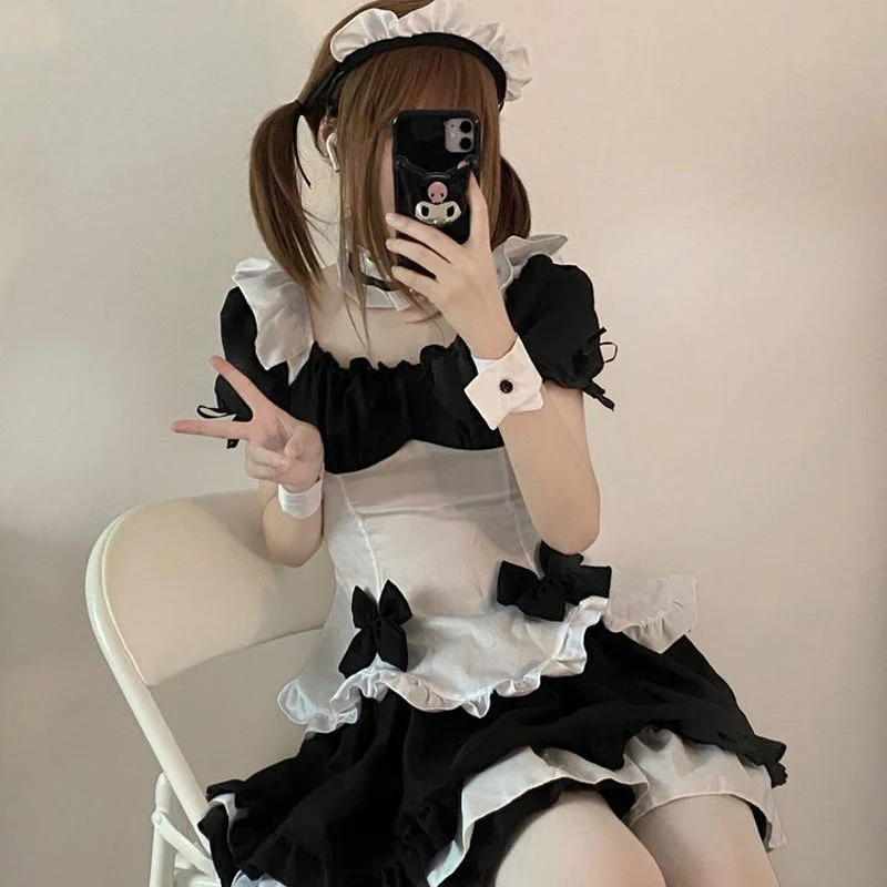 deanwangkt Lolita Dress Black White Kawaii Maid Mini Dresses Summer French Cute Bowknot Cosplay Costume Waitress Party Outfits - Deanwangkt