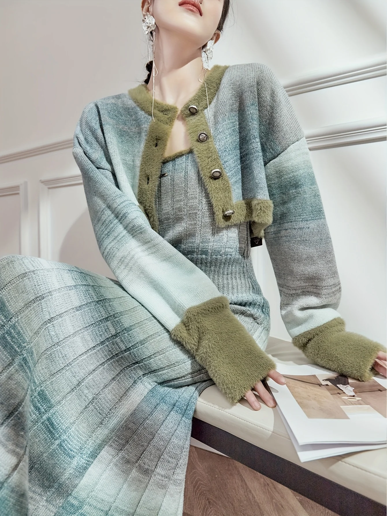 deanwangkt  Elegant Slim Two-piece Dress Set, Long Sleeve Button Front Crop Coat & Slim Pleated Long Length Dress Outfits, Women's Clothing - Deanwangkt