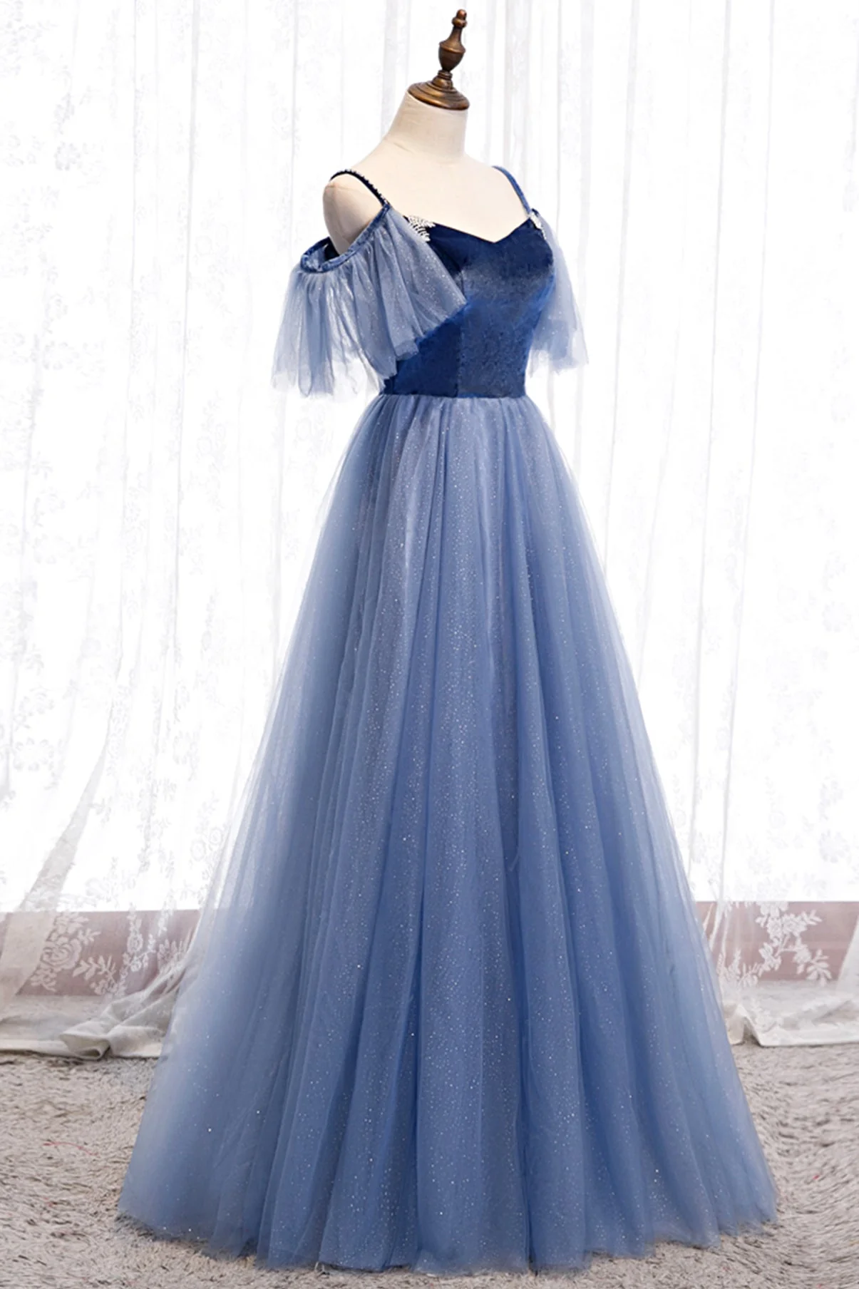 solvbao Blue Velvet Tulle Long Prom Dresses, Blue A-Line Evening Dresses - Deanwangkt
