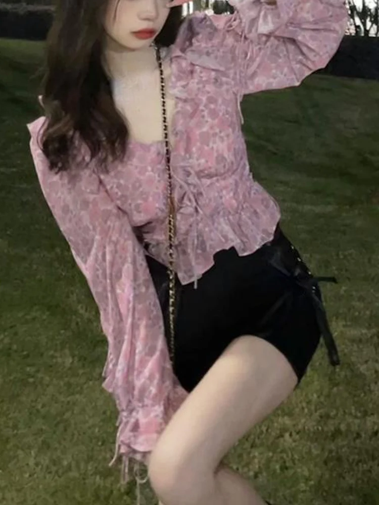 deanwangkt Summer Floral Elegant Blouse Women Outwear Korean Style Casual Chiffon Shirts Office Lady V-Neck Long Sleeve Y2k Crop Tos - Deanwangkt