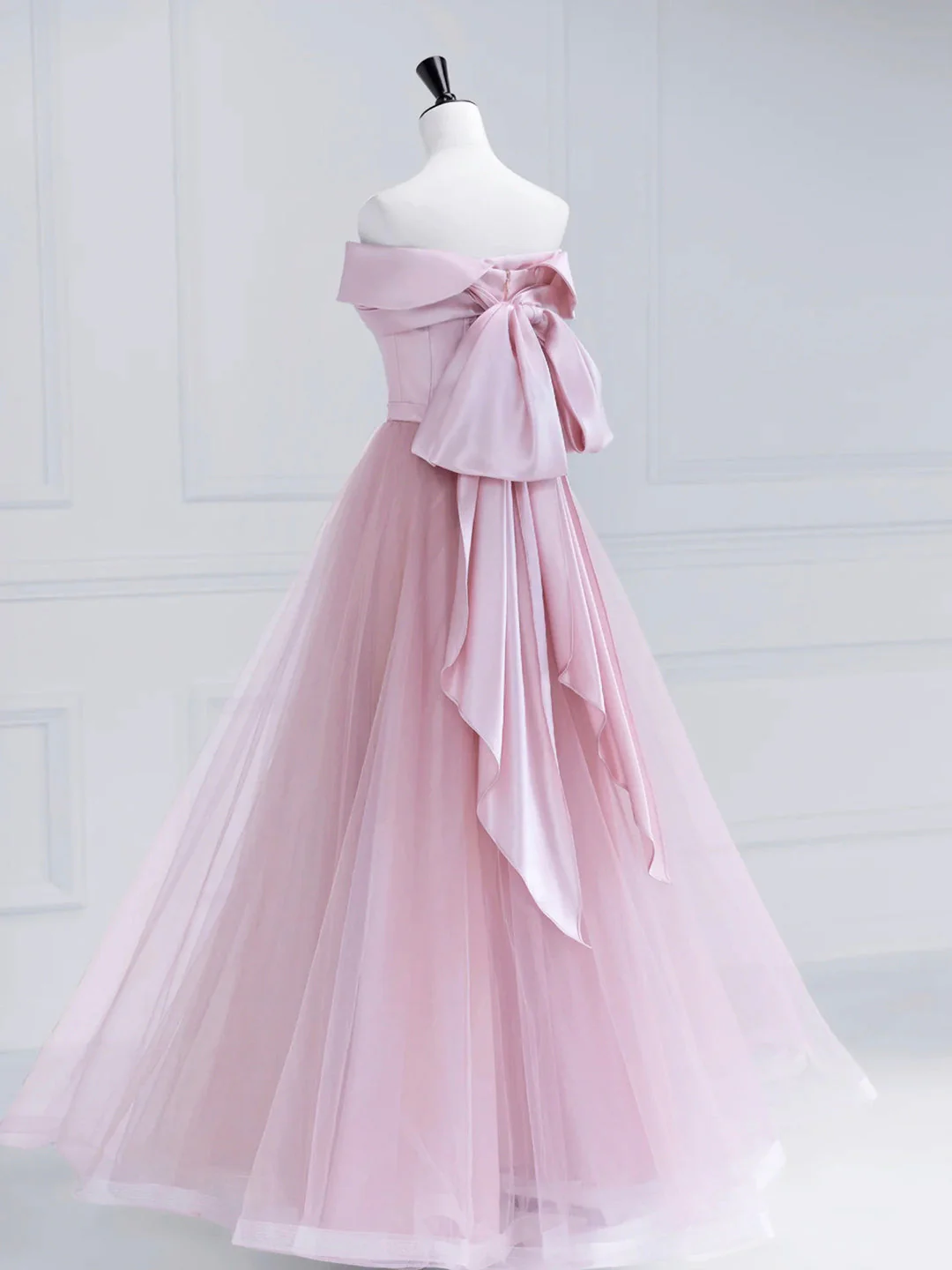 solvbao Pink Satin Tulle Long Prom Dress, Pink Off Shoulder Evening Dress - Deanwangkt