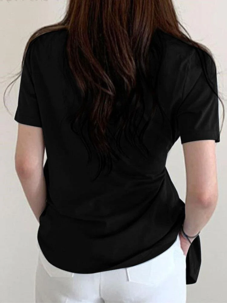 deanwangkt Bohemian Solid Button Down Front Irregular Hem Causal Blouse For Women - Deanwangkt