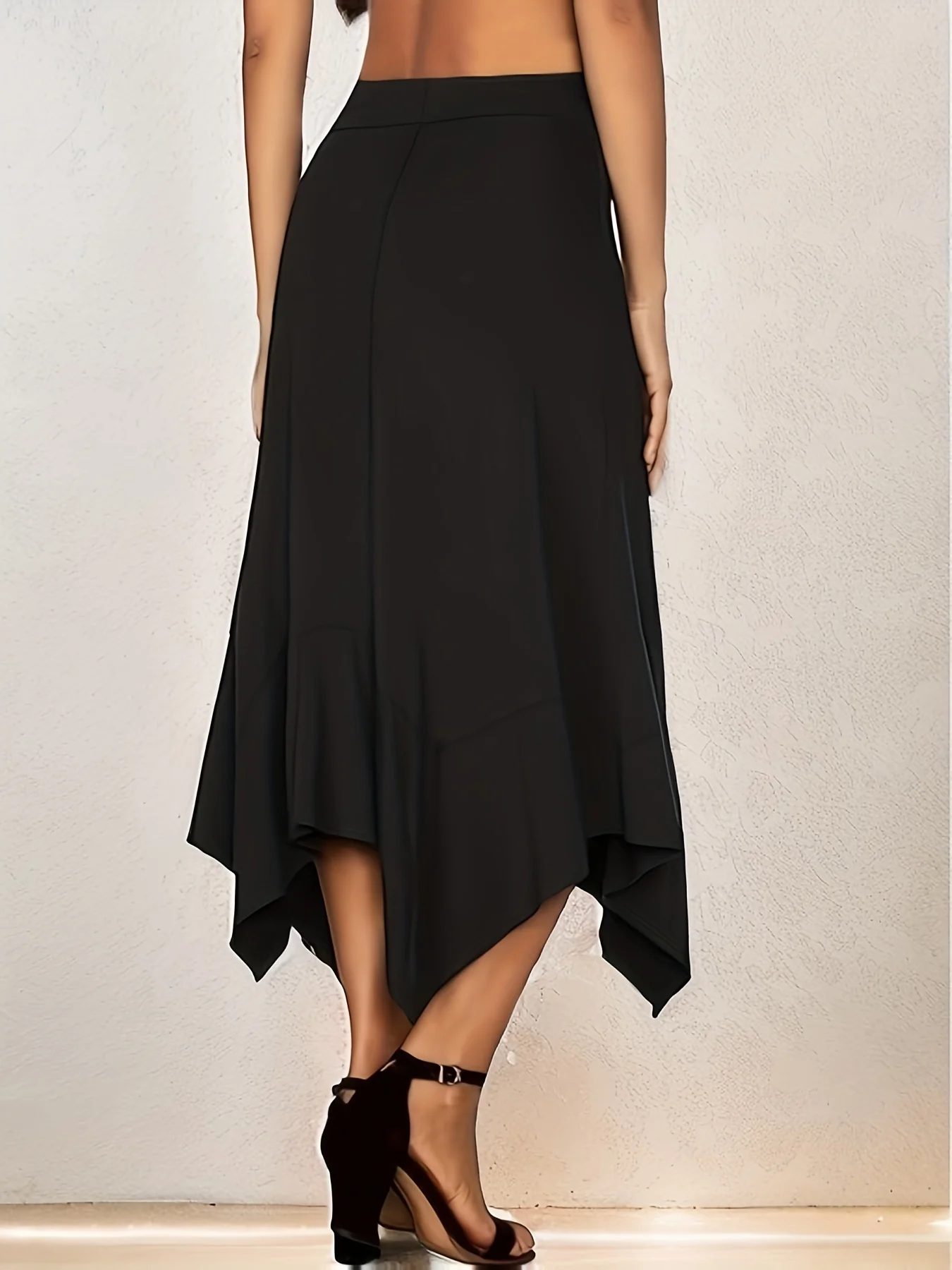 Plus Size Elegant Skirt, Women's Plus Solid High Rise Medium Stretch Asymmetric Hem Skirt - Deanwangkt