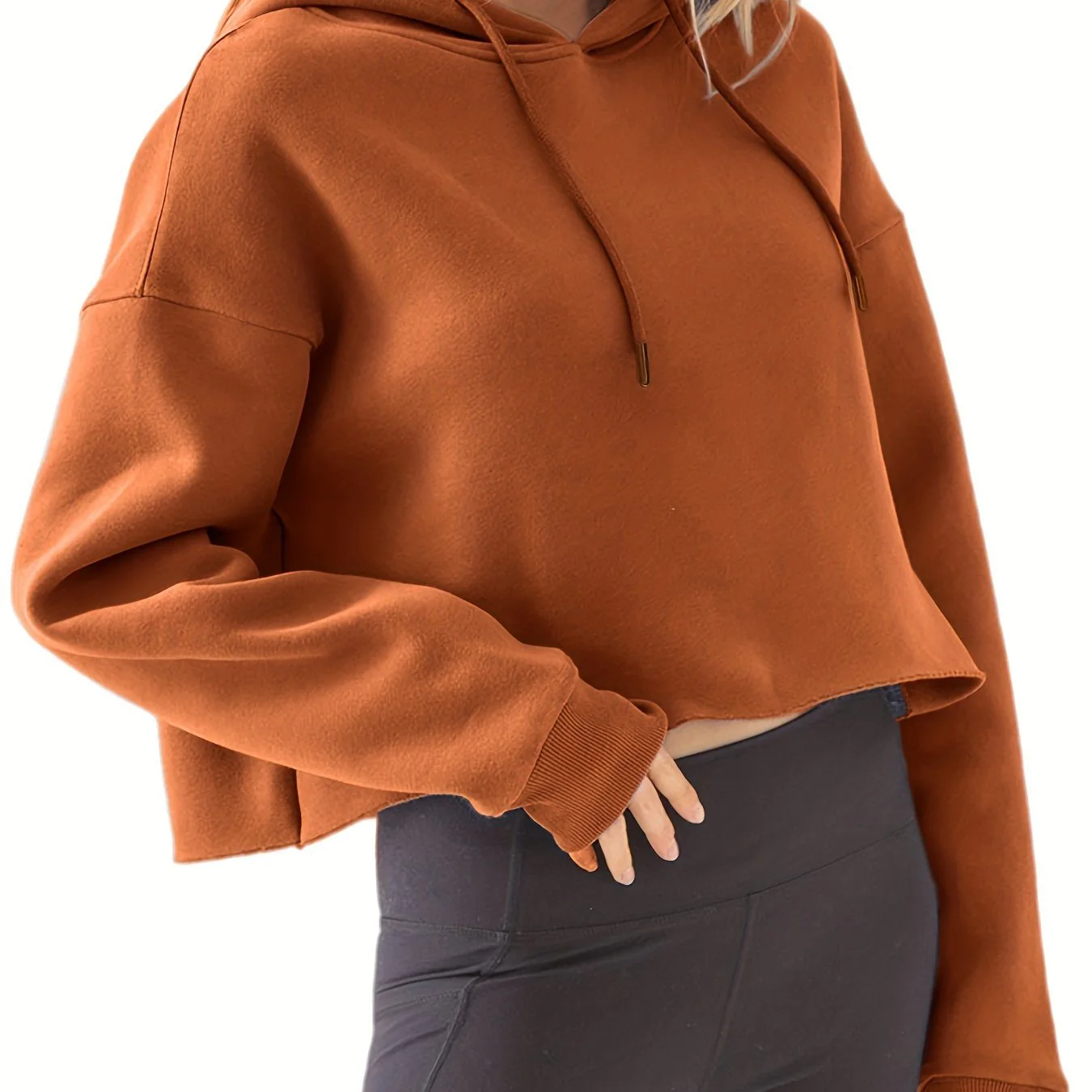 Solid Crop Drawstring Hoodie, Casual Long Sleeve Loose Sweatshirt, Women's Clothing - Deanwangkt