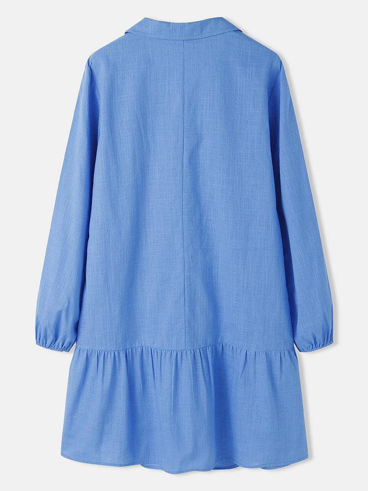 deanwangkt Puff Sleeve Lapel Pleated Stitching Elastic Cuffs Solid Daily Casual Cotton Blouse For Women - Deanwangkt