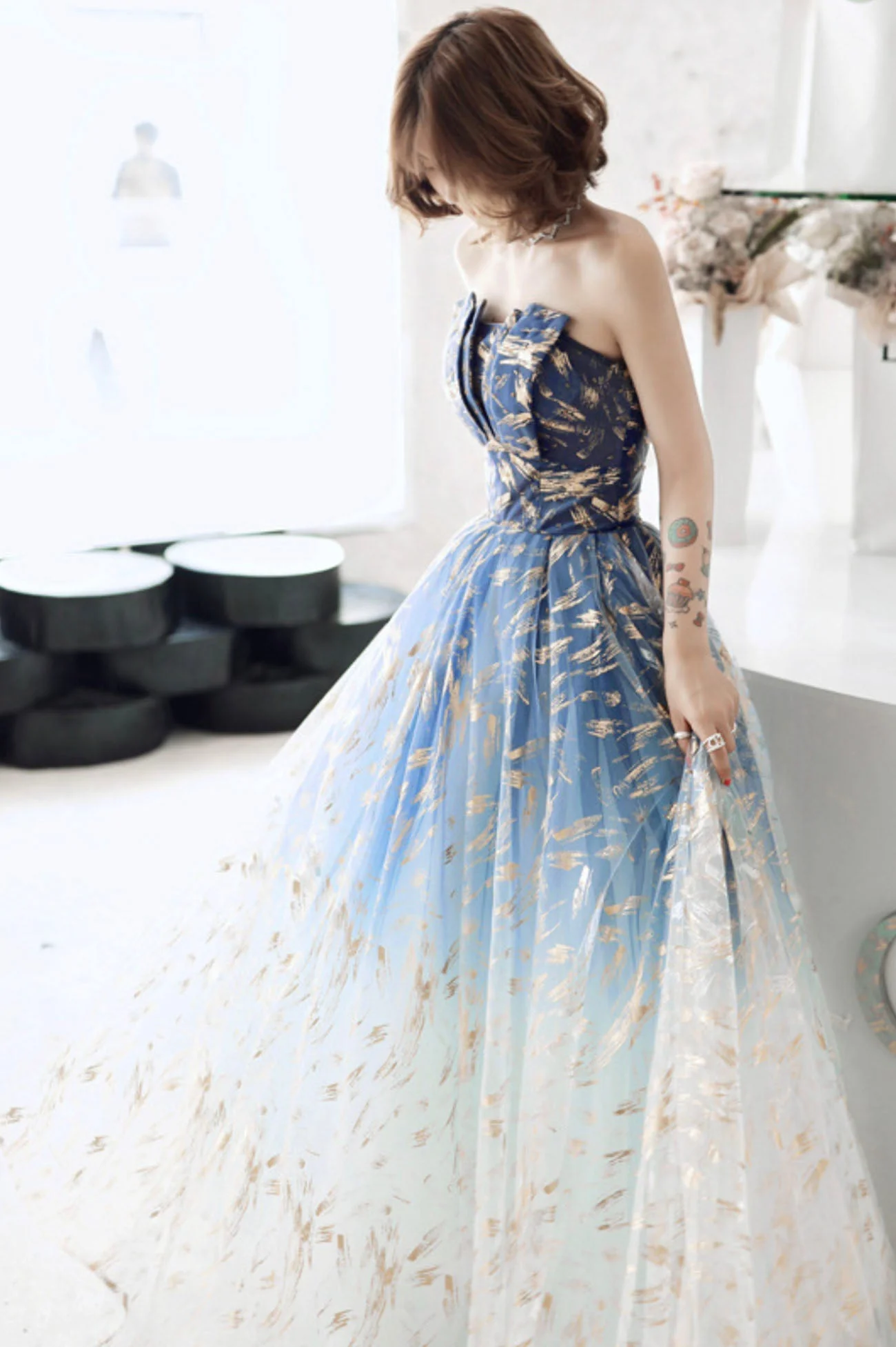 solvbao Blue Tulle Gradient Long Formal Gowns, A-Line Strapless Evening Dresses - Deanwangkt