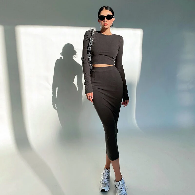 Graduation Gifts  Women long tees tops t shirt Top long Skirt two piece Set Hot Sexy Women Korean Two-piece Suit skirts sets HIEZ - Deanwangkt