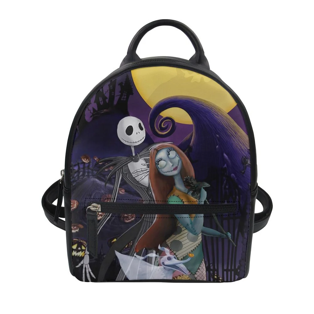 deanwangkt  Nightmare Before Christmas Print Women's Backpack Trend PU Leather Women's Waterproof  Daily Backbags - Deanwangkt