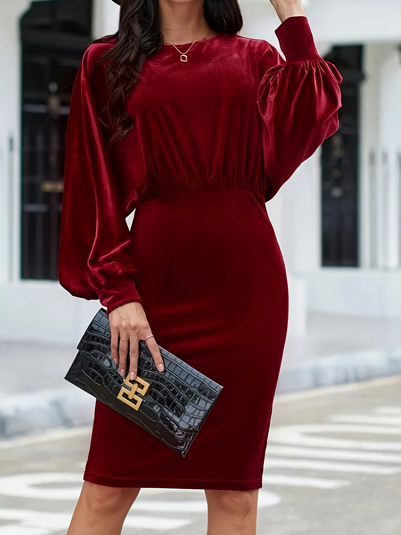 deanwangkt-1 Solid Bodycon Knee Length Dress, Elegant Long Sleeve Crew Neck Dress, Women's Clothing - Deanwangkt