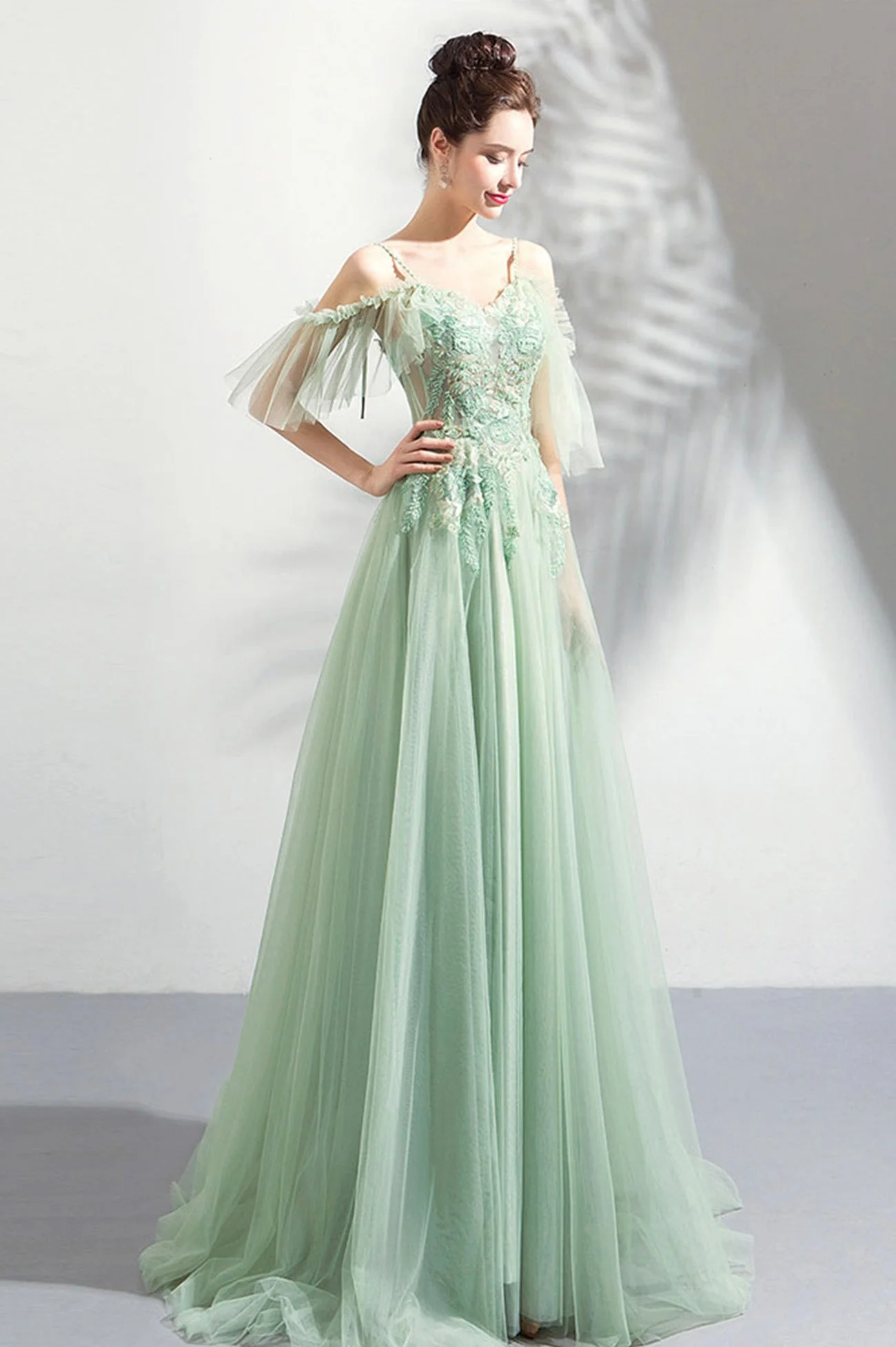 solvbao Green Lace Floor Length Prom Dresses, A-Line Off the Shoulder Evening Dresses - Deanwangkt