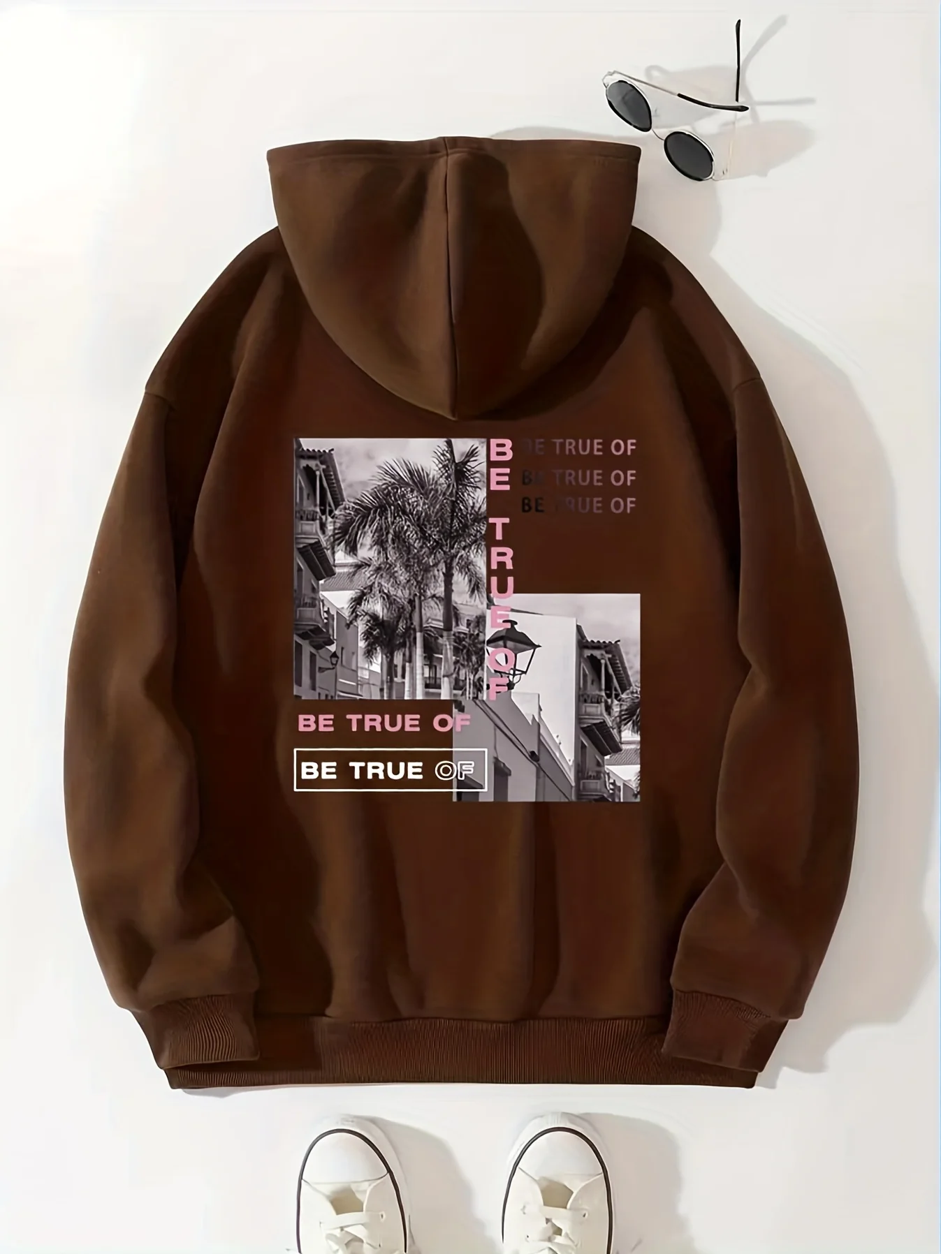 deanwangkt-1  Building Tree Graphic Long Sleeve Fleece Hooded Sweatshirts, Letter Print Drawstring Sports Hoodie With Front Pocket, Women's Sporty Sweatshirts - Deanwangkt