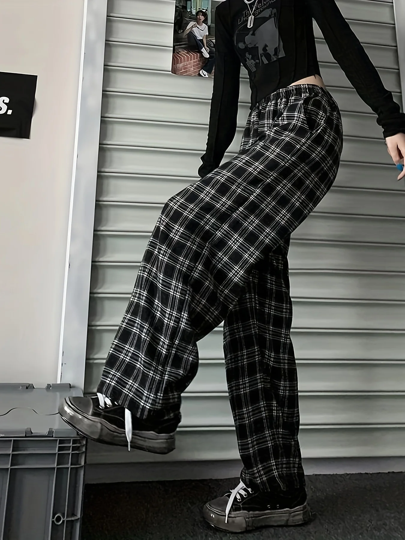 Plus Size Casual Pants, Women's Plus Plaid Print Elastic High Rise Wide Leg Trousers With Pockets - Deanwangkt
