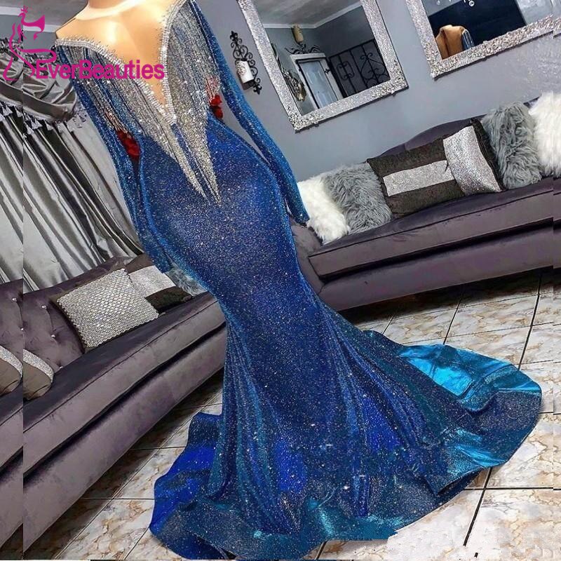 DEANWANGKT Blue Muslim Evening Dresses  Mermaid Long Sleeves Sequins Sparkle Islamic Dubai Kaftan Saudi Arabia Long Evening Gown - Deanwangkt