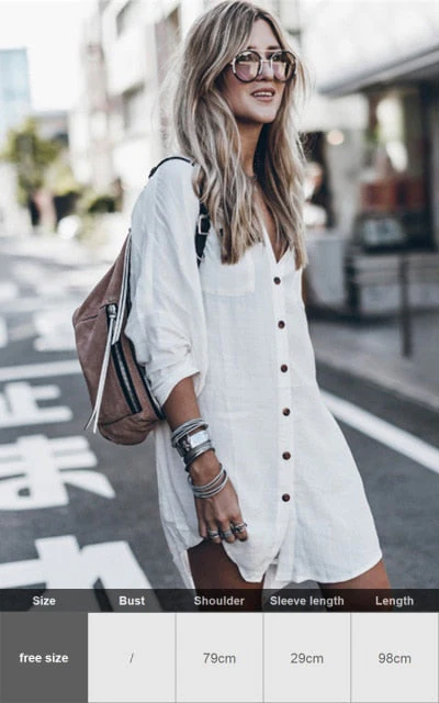 Sexy New Shirt Beach Up White Beach Dress Loose Blouse Tunic Pocket Long Sleeve Swimsuit Cover Up Casual Beachwear - Deanwangkt