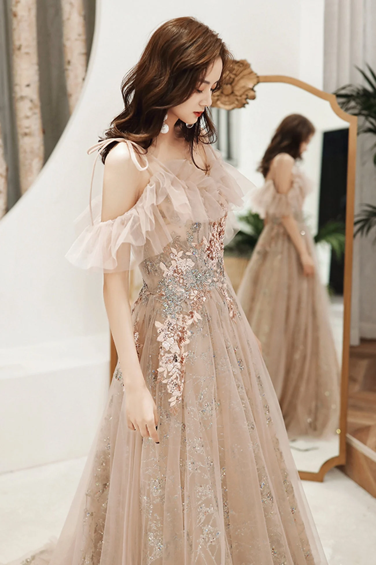 solvbao Champagne Tulle Sequins Long Formal Party Dresses, Off the Shoulder Prom Dresses - Deanwangkt