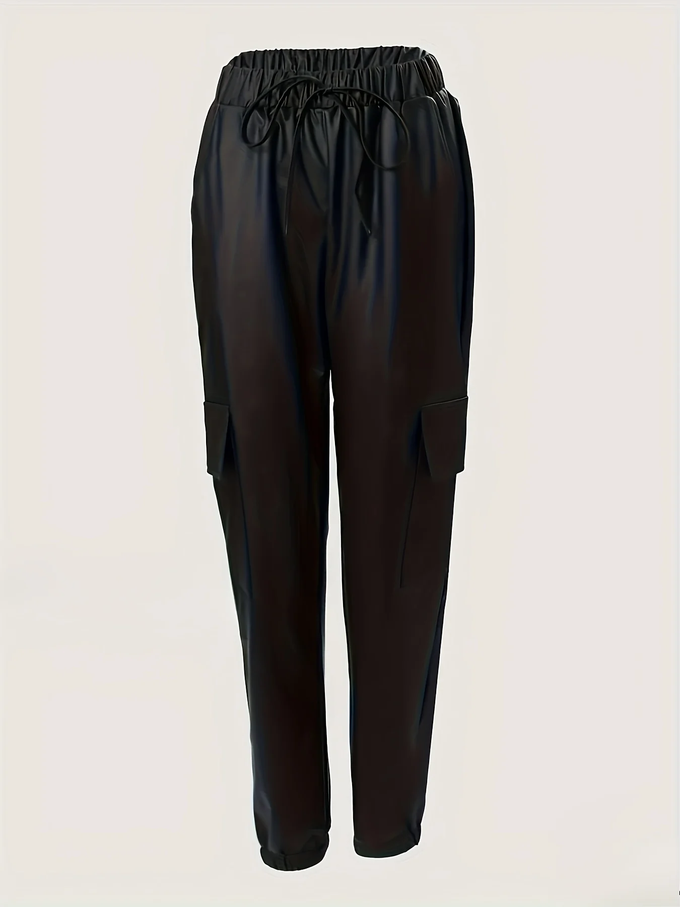 deanwangkt Plus Size Casual Pants, Women's Plus Solid Faux Leather Elastic Drawstring Cargo Pants With Pockets - Deanwangkt