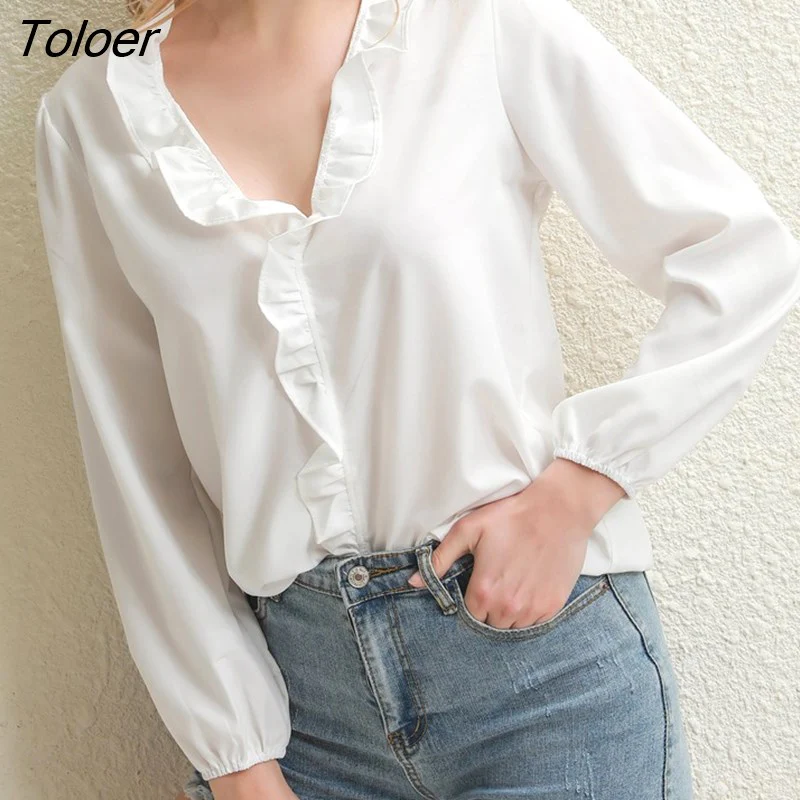 deanwangkt Ladies Shirt Vintage Ruffle Long Sleeves Slim Fit Solid Color Women Shirt Elegant Office Lady Blouse - Deanwangkt