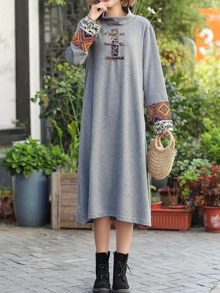 deanwangkt Women Embroidered Patchwork Frog Button Long Sleeve Retro Midi Dresses - Deanwangkt