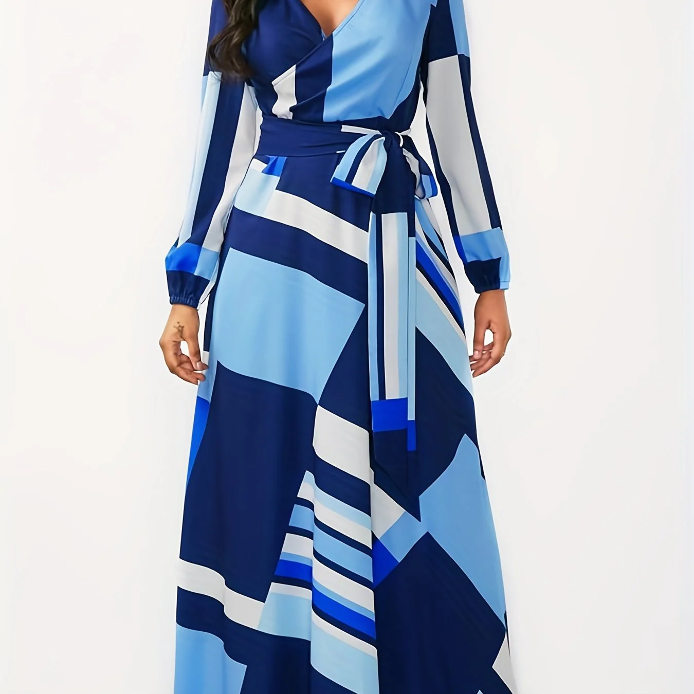 Plus Size Sexy Dress, Women's Plus Random Geometric Print Long Sleeve V Neck Wrap Dress - Deanwangkt
