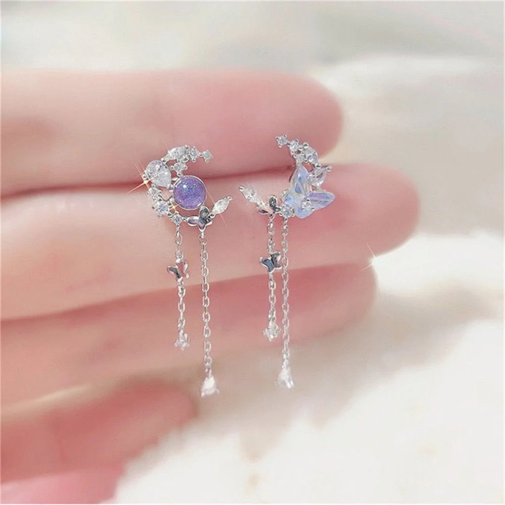 Korean Exquisite Planet Moon Butterfly Tassel Earrings for Women Sparkling Crystal Asymmetrical Drop Earrings Girl Party Jewelry - Deanwangkt