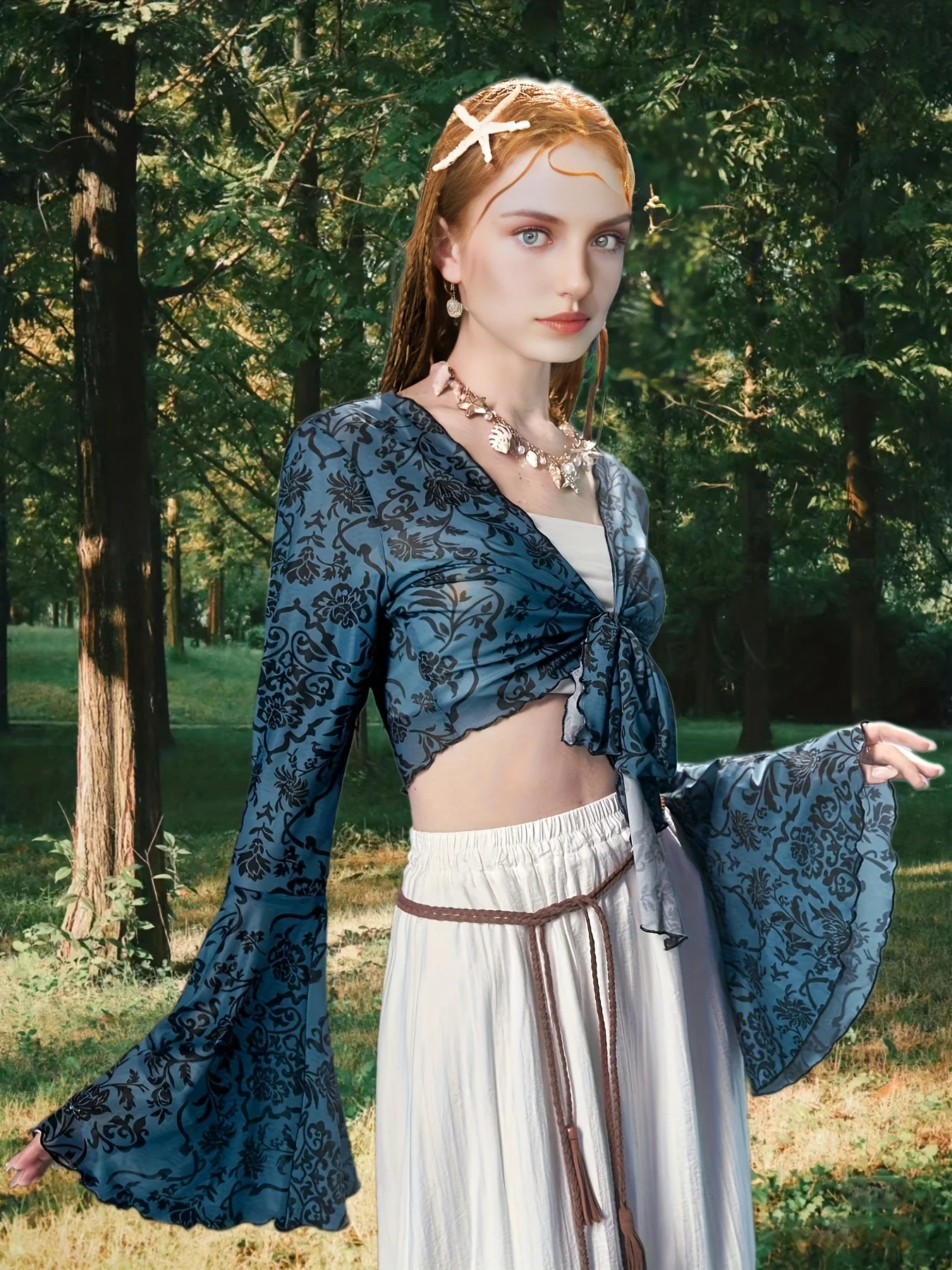 deanwangkt-1 Floral Pattern Tie Front Crop Top, Casual Long Sleeve Top For Spring & Summer, Women's Clothing - Deanwangkt