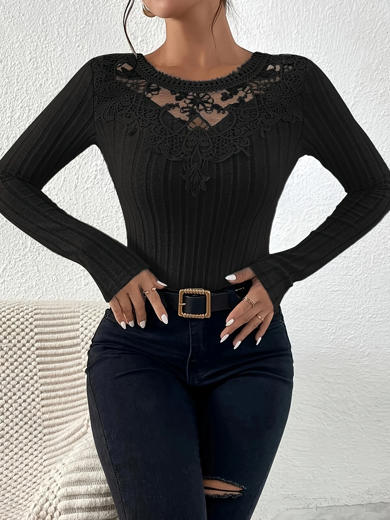 deanwangkt-1  Contrast Lace Ribbed T-shirt, Casual Crew Neck Long Sleeve T-shirt, Women's Clothing - Deanwangkt