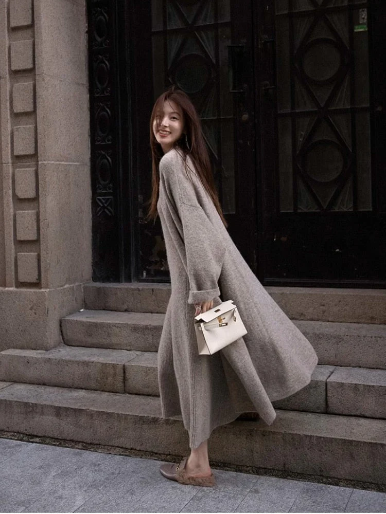 deanwangkt  New Women's Autumn and Winter Thickened Comfortable Loose Long Sweater Jacket Knitted Dress Two Piece Autumn and Winter Set - Deanwangkt