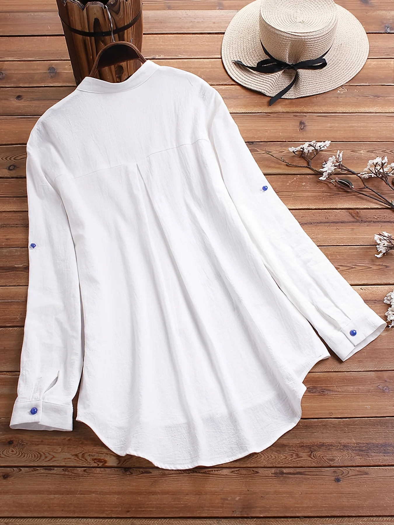 Plus Size Casual Shirt, Women's Plus Butterfly Print Roll Up Sleeve Stand Collar Button Up Blouse - Deanwangkt