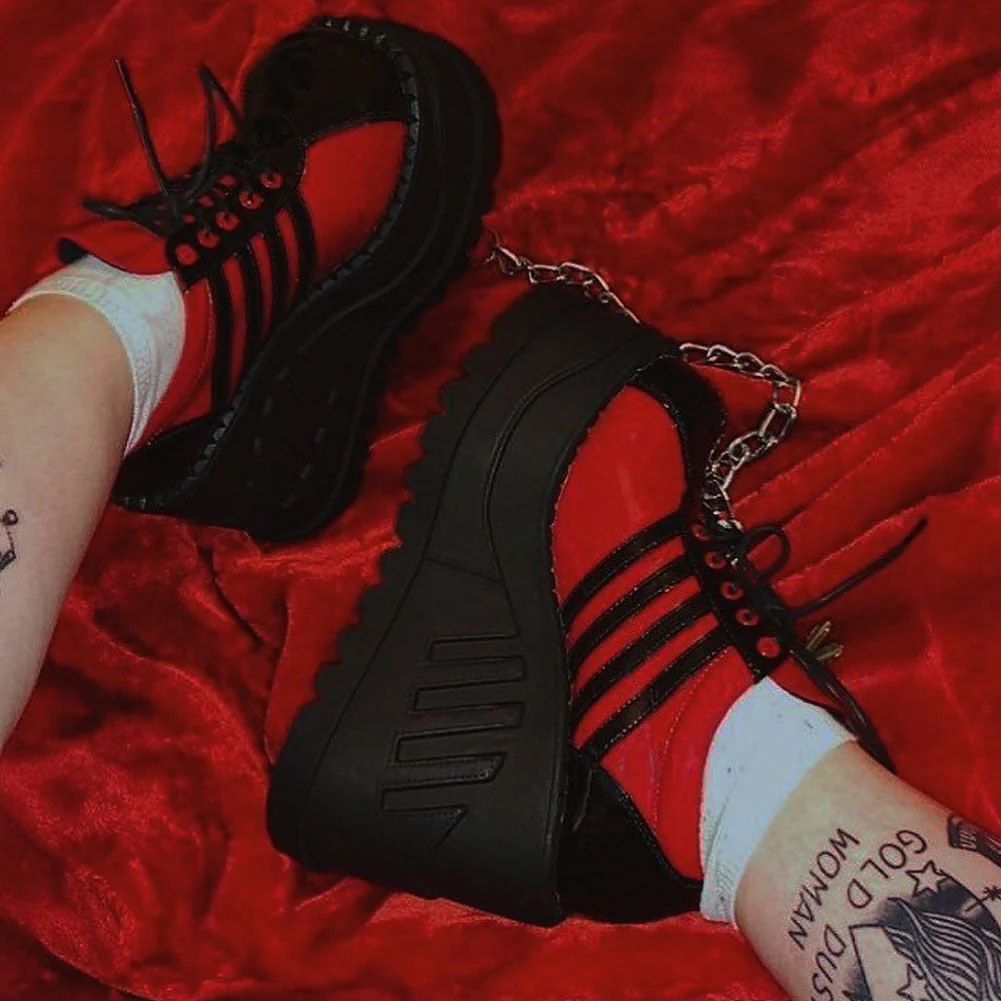 DEANWANGKT  Band Goth Platform Wedges Punk Chunky Mid Calf Boots Women Thick Heel Autumn Trendy Cosplay Casual Shoes Women - Deanwangkt
