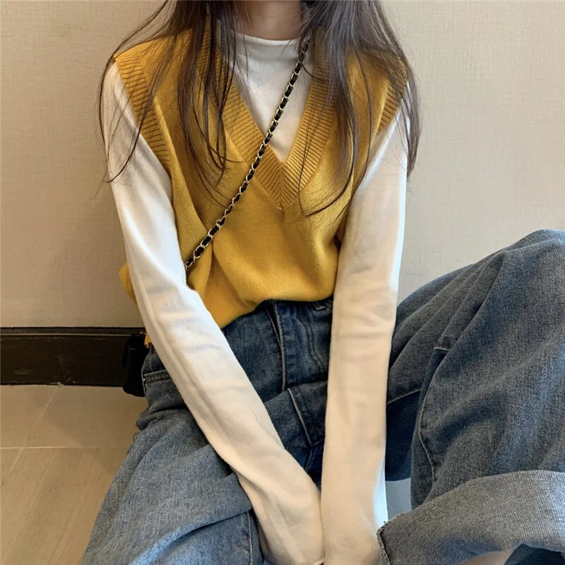 deanwangkt Women's Knitted Vest Simple Solid Sleeveless Pullover Autumn Winter Korean V Neck Loose Sweater Vest Female Waistcoat Chic Tops - Deanwangkt