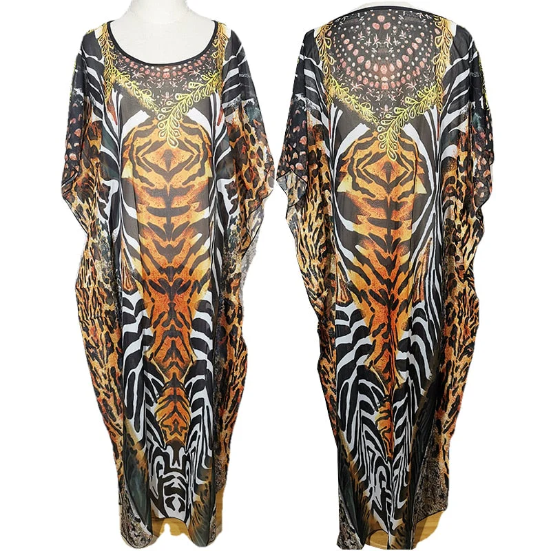 deanwangkt Over Size Chiffon Beach Cover-up Leopard Print Bohemian Dress Pareos Beach Wear Swimsuit Cover Up Maxi Dress Robe De Plage - Deanwangkt