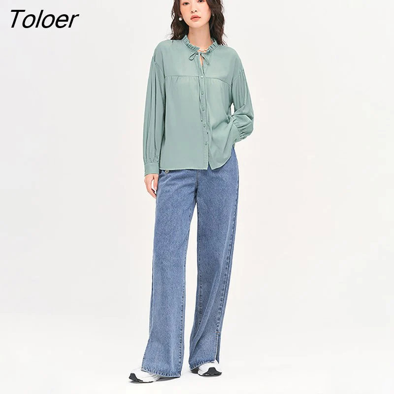 deanwangkt Women Shirts  Autumn Long Sleeve Pleated Drawstring Stand Collar Loose Blouse Green Chic Casual Streetwear Tops - Deanwangkt